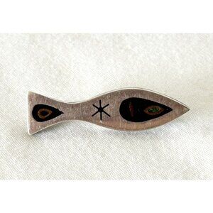Taxco Mexico 925 Sterling Silver Copper Onyx Inlay Modernist Fish Brooch Pin